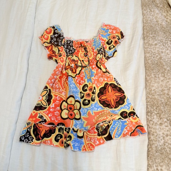Lovebird Other - Lovebird Girls Floral Paisley Smocked Top Orange Blue Boho Ruffle Blouse L 14/16